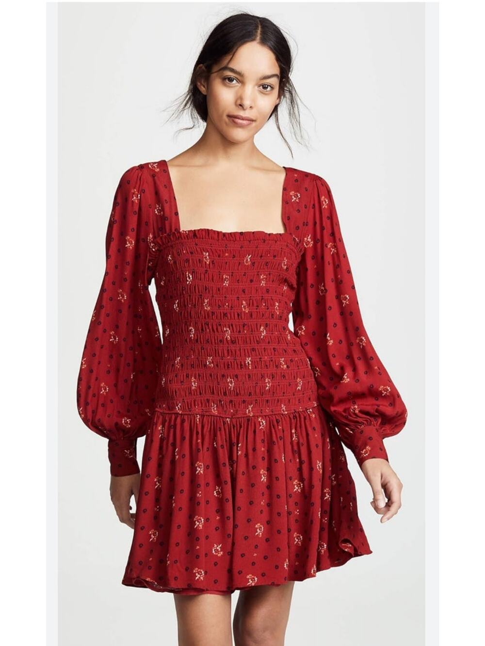 Free People Ruby Combo Two Faces Smocked Mini Dress Red Boho Small NWT